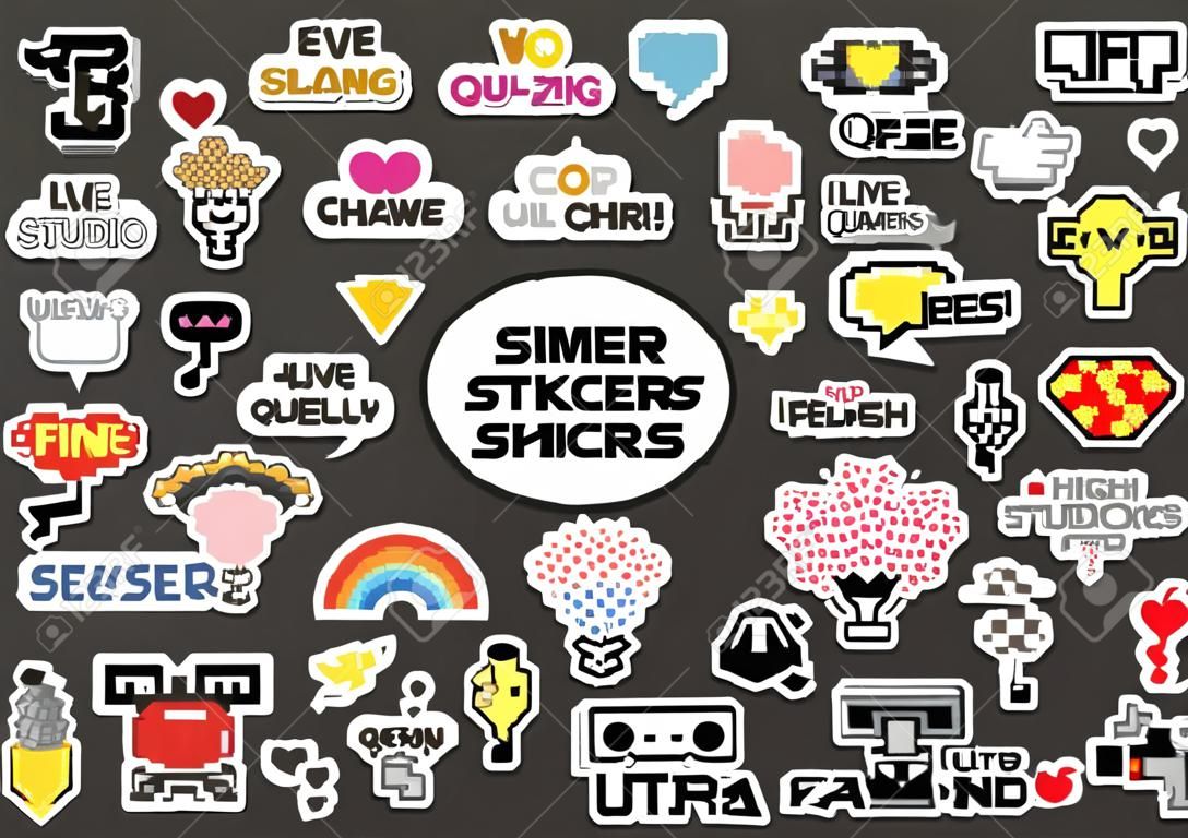 vector illustration for modern funny stickers for messenger or social media in pixel art style and different slang expressions and acronyms and memes