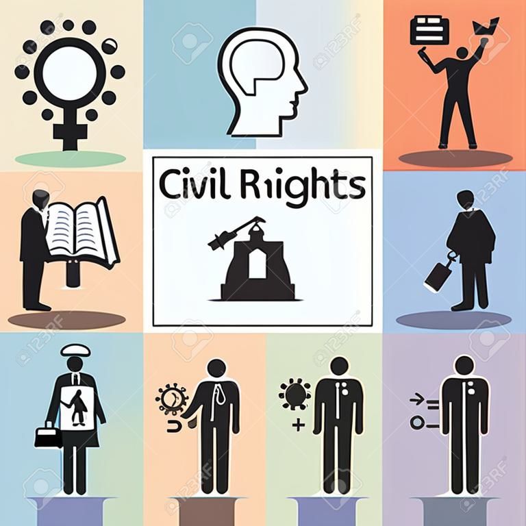 Vector illustratie van burgerrechten iconen voor individuen vrijheid bescherming tegen discriminatie gelijkheid en rechtvaardigheid concepten