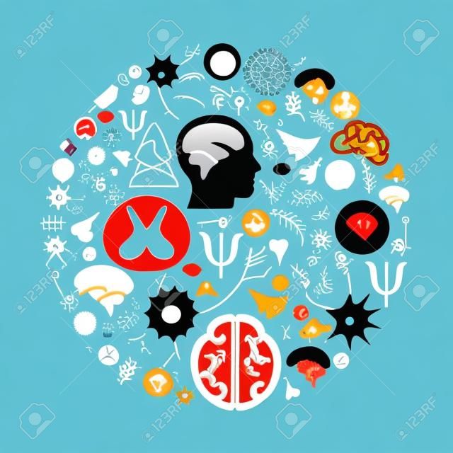ilustración vectorial de iconos de neurología y salud mental en diseño de forma de círculo