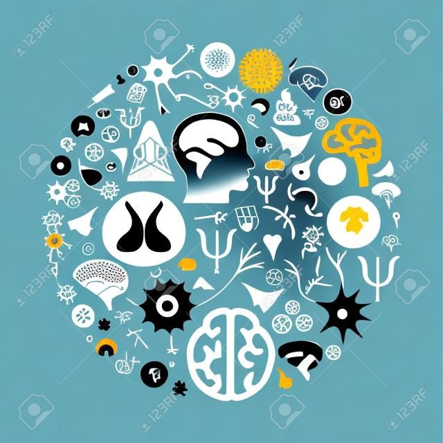 vector illustration of neurology and mental health icons in circle shape design