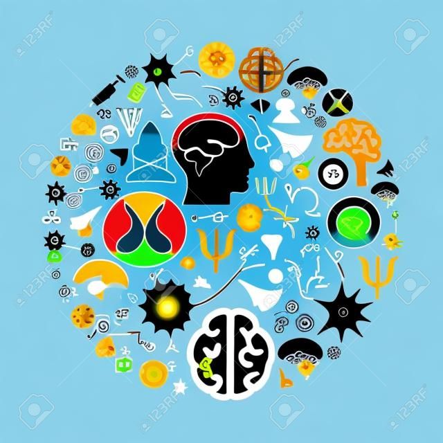 векторная иллюстрация неврологии и значки психического здоровья в форме круга