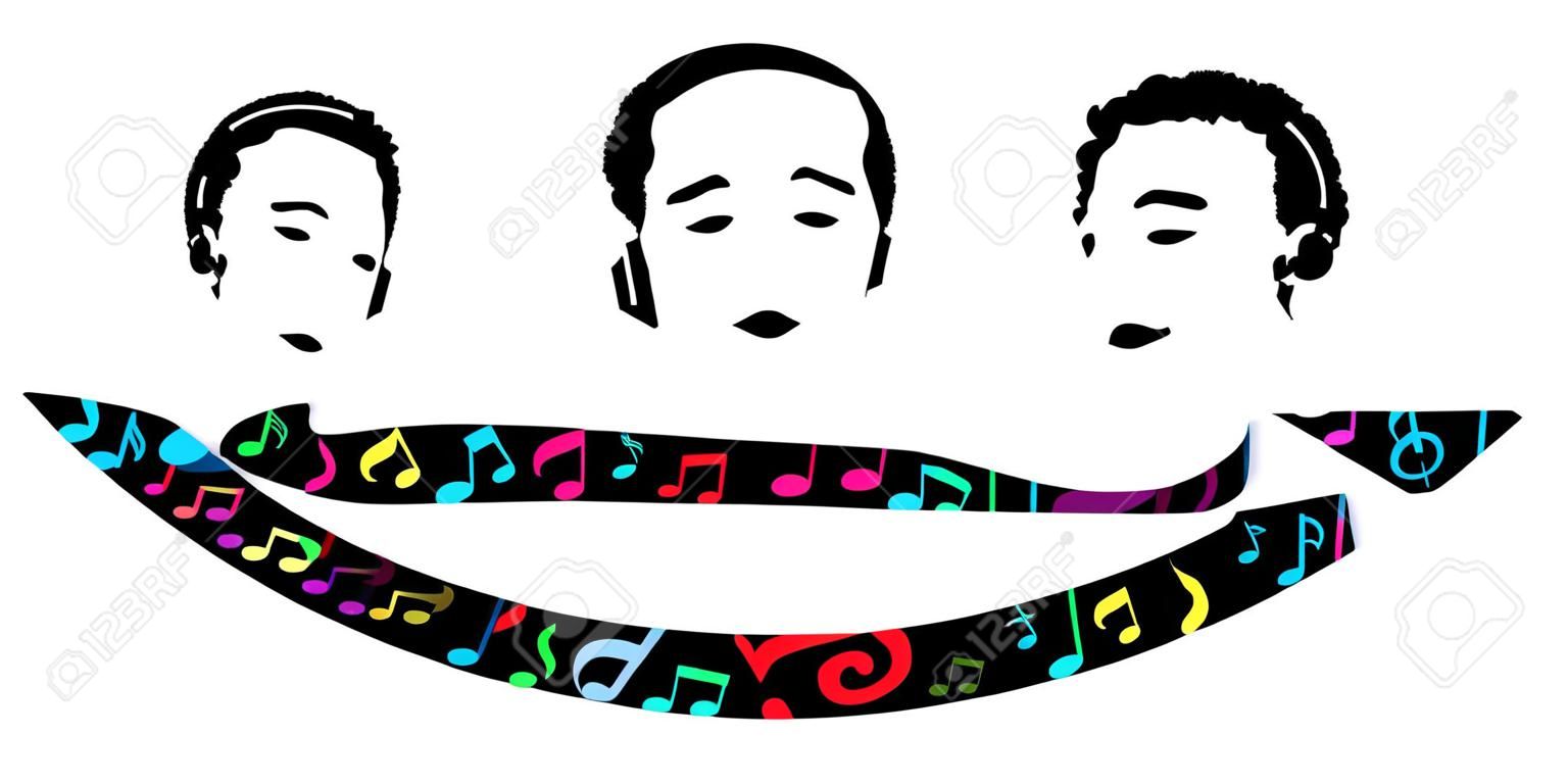 illustration vectorielle de deux visages tristes et heureux et flèche avec des notes de musique entre eux pour les visuels de changement d'humeur
