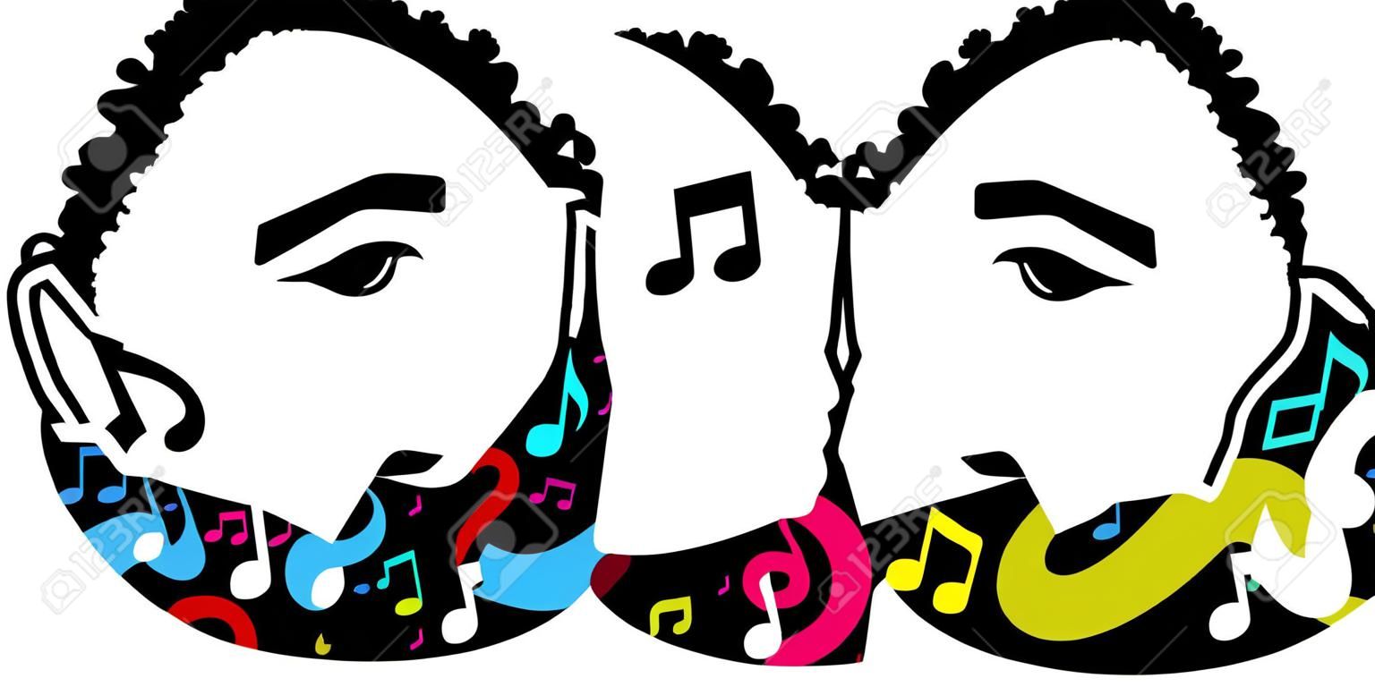 Vektor-Illustration von zwei Gesichtern traurig und glücklich und Pfeil mit Musiknoten zwischen ihnen für Stimmungsänderungsvisualisierungen