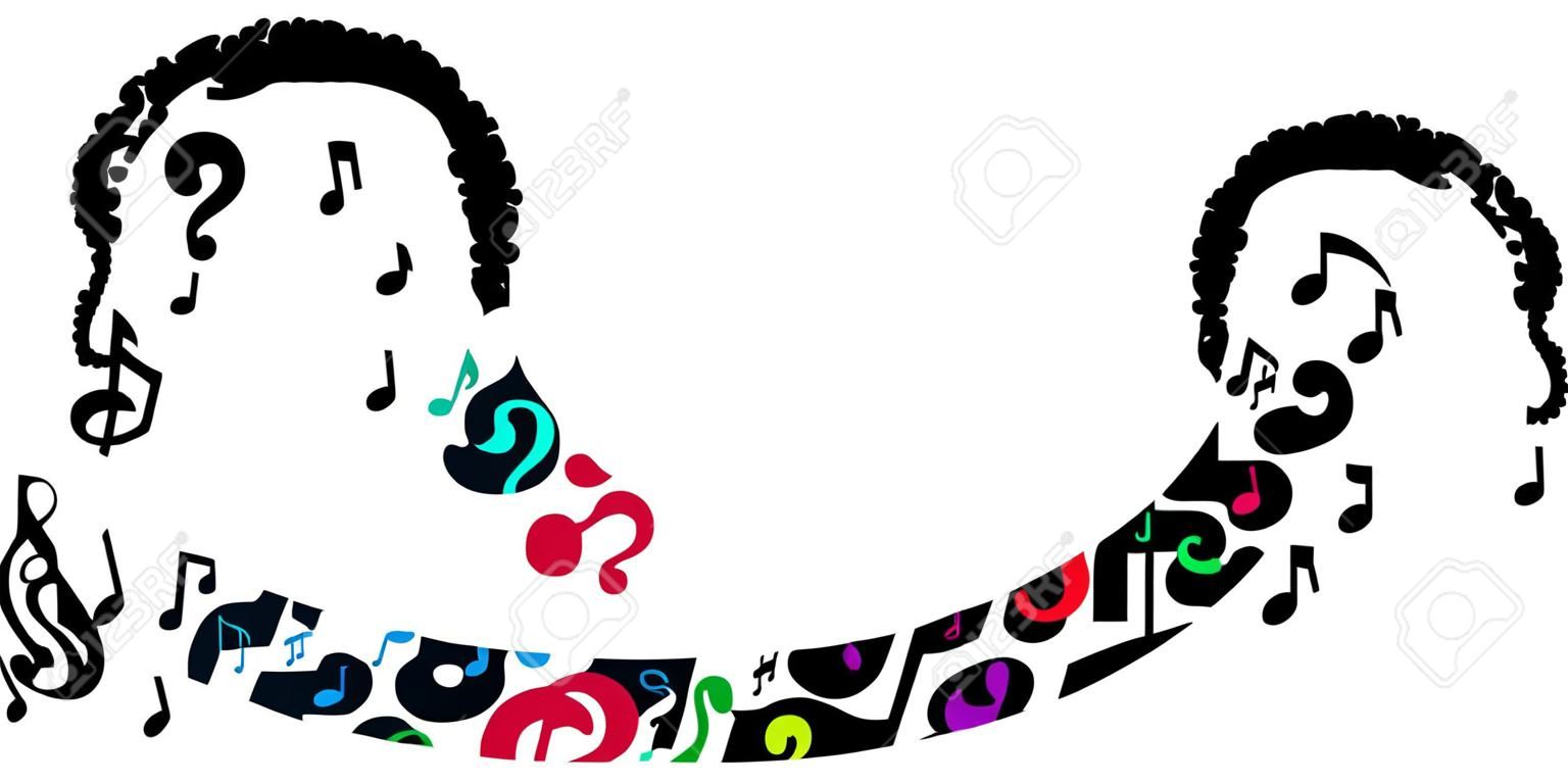 illustrazione vettoriale di due facce tristi e felici e freccia con note musicali tra di loro per immagini di cambiamento di umore