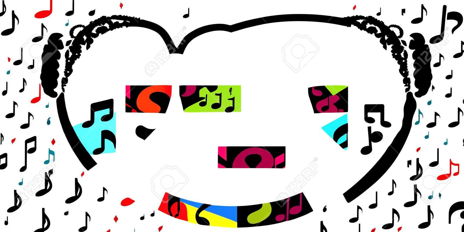 üzgün ve mutlu iki yüzün vektör çizimi ve ruh hali değişikliği görselleri için aralarında müzik notaları bulunan ok