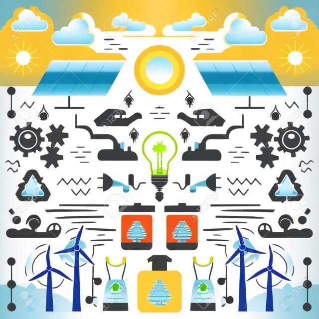 Vektorgrafik / dünne Linie flaches Design für ökologische Innovationen für Strom mit Glühbirne in den mittleren Steckern und Sonnenbatterien und Windmühlen