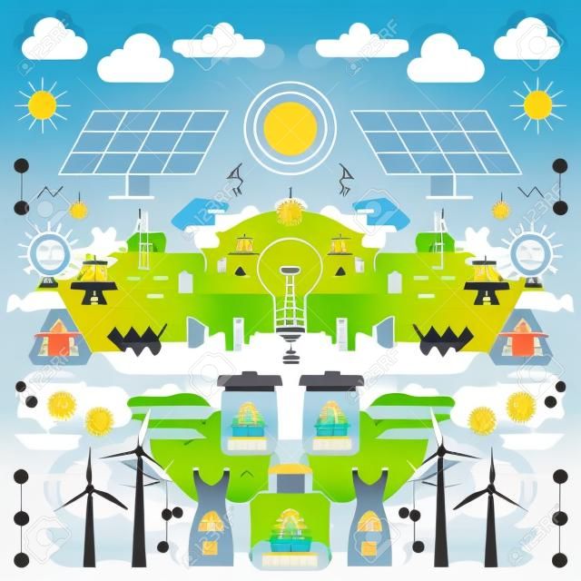 illustrazione vettoriale / design piatto sottile linea per innovazioni ecologiche per l'elettricità con lampadina nelle spine centrali e batterie solari e mulini a vento