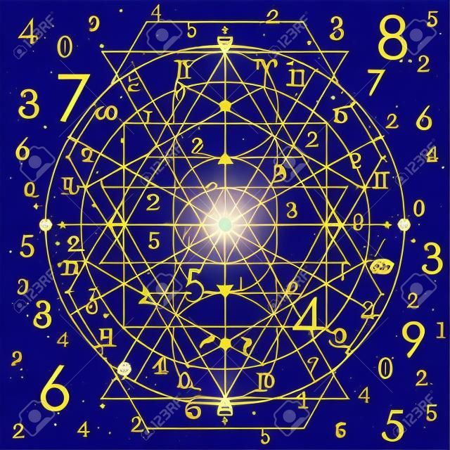 vector illustration of numerology concept on night cosmic blue sky background