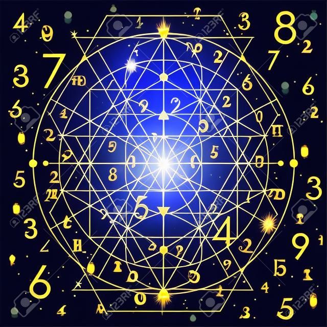Ilustración vectorial del concepto de numerología sobre fondo de cielo azul cósmico nocturno