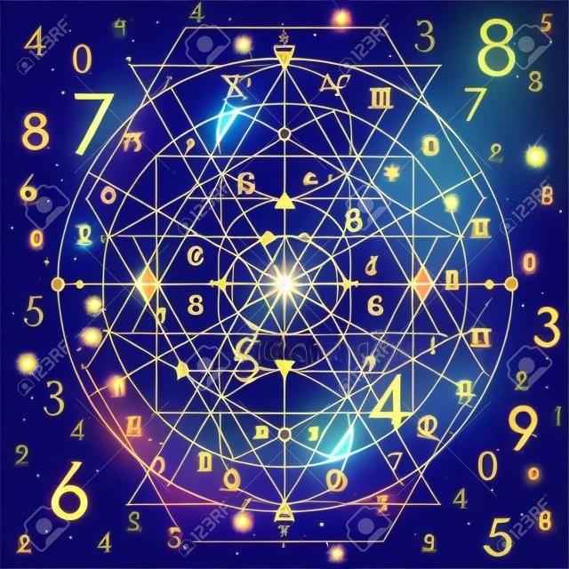 vetor, ilustração, de, numerologia, conceito, ligado, noite, cósmico, céu azul, fundo