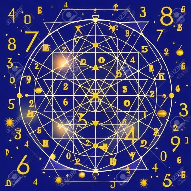 Ilustración vectorial del concepto de numerología sobre fondo de cielo azul cósmico nocturno