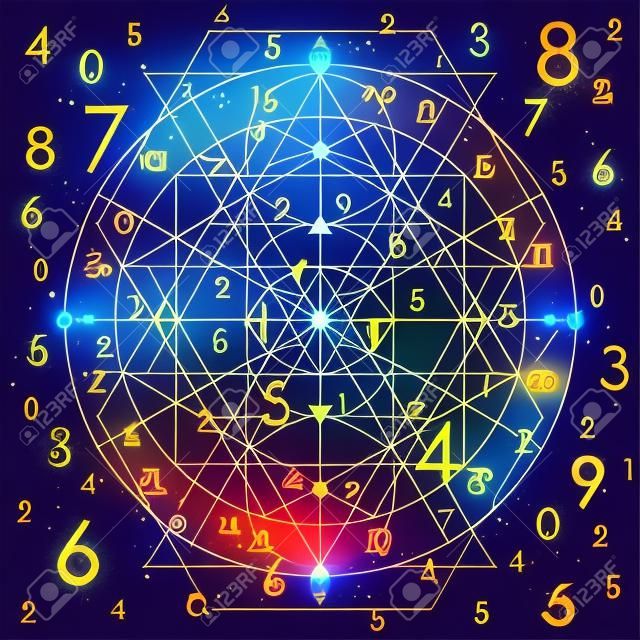 vetor, ilustração, de, numerologia, conceito, ligado, noite, cósmico, céu azul, fundo