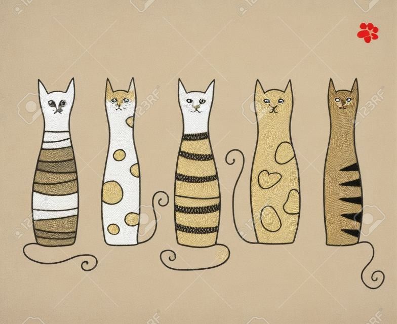 Пять смешные кошки на бежевом фоне