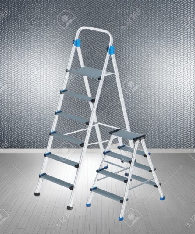 Aluminum ladders with different sizes in the room