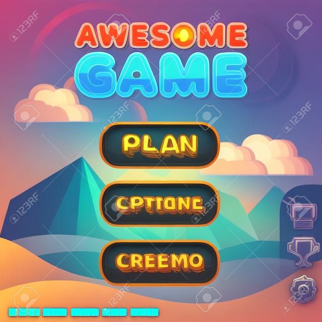 Hoofdmenu game interface kit. Creatieve ui templates voor web mobiele en computer video games. Mystery canyon niveau concept