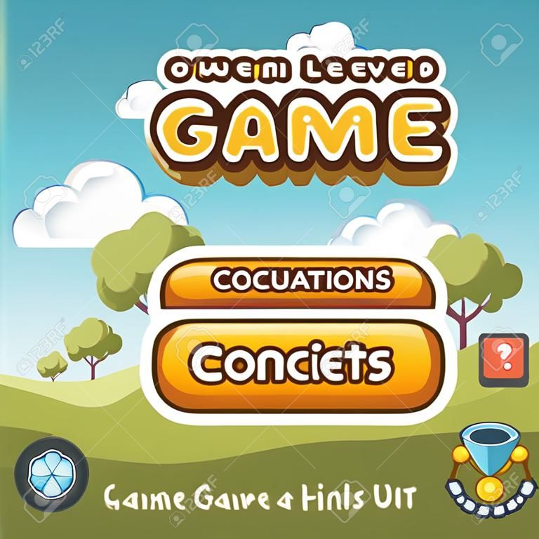 Menu główne gry zestaw interfejsu. Pień Szablony mobile web ui dla gier komputerowych i wideo. Słoneczne Wzgórza poziom koncepcja