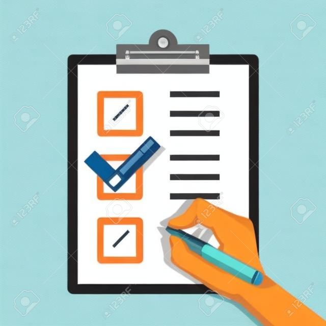 Hand with pen and clipboard with checklist. Fill form concept. Flat illustration