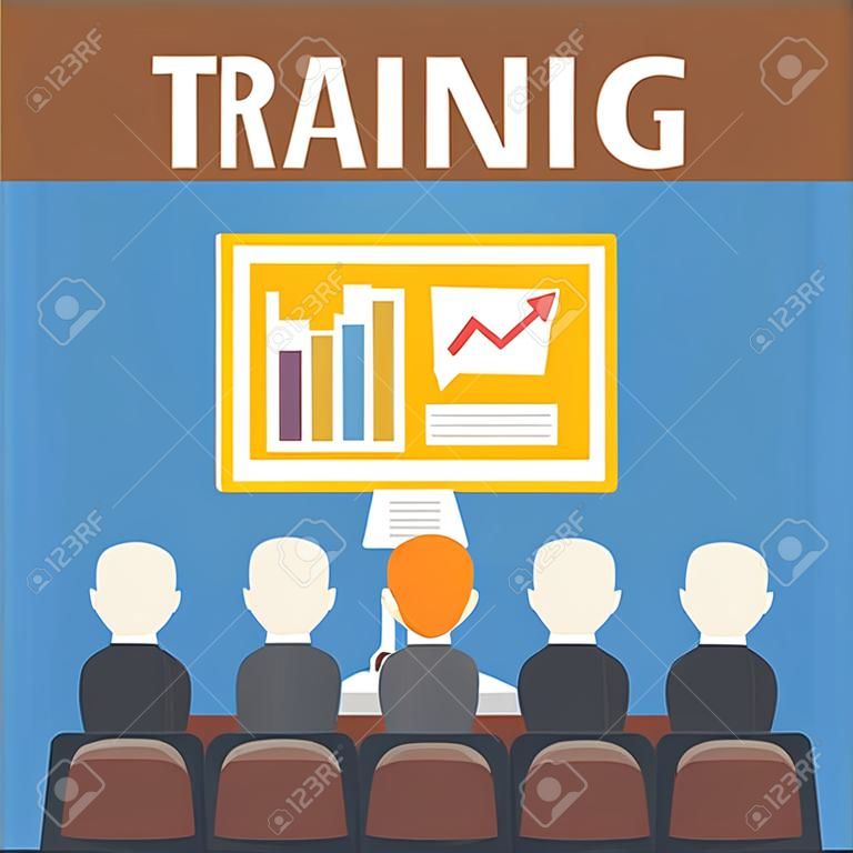 Training staff, business presentation, meeting, business school. Vector flat illustration