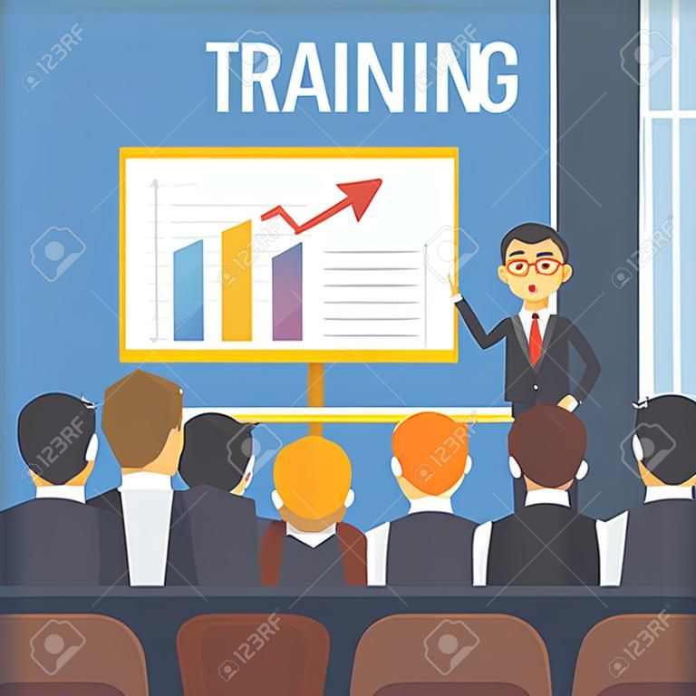 Training staff, business presentation, meeting, business school. Vector flat illustration