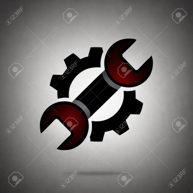 Getriebe und Schraubenschlüssel-Symbol. Red Schraubenschlüssel und schwarzen Rädchen. Kreative Grafik-Design Logo-Element