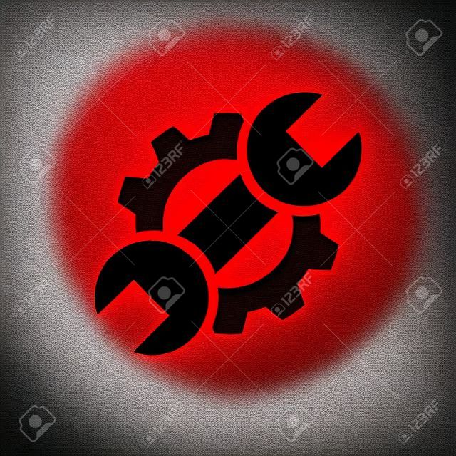 Versnelling en sleutel pictogram. Rode spanner en zwarte tandwiel. Creatief grafisch ontwerp logo element