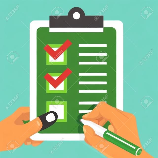 Hand wih pen and hand holds clipboard with green checkmarks. Flat design concept. Vector illustration