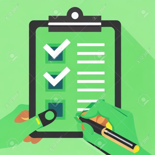 Hand wih pen and hand holds clipboard with green checkmarks. Flat design concept. Vector illustration