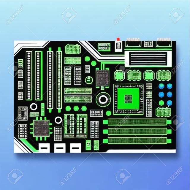 Vector Motherboard Illustration. Computer-Hauptplatine gedruckt. Flaches Design