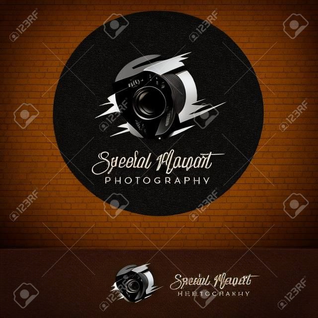 abstract silhouette photography logo. Vintage style camera icon vector with photographer holding a lens.