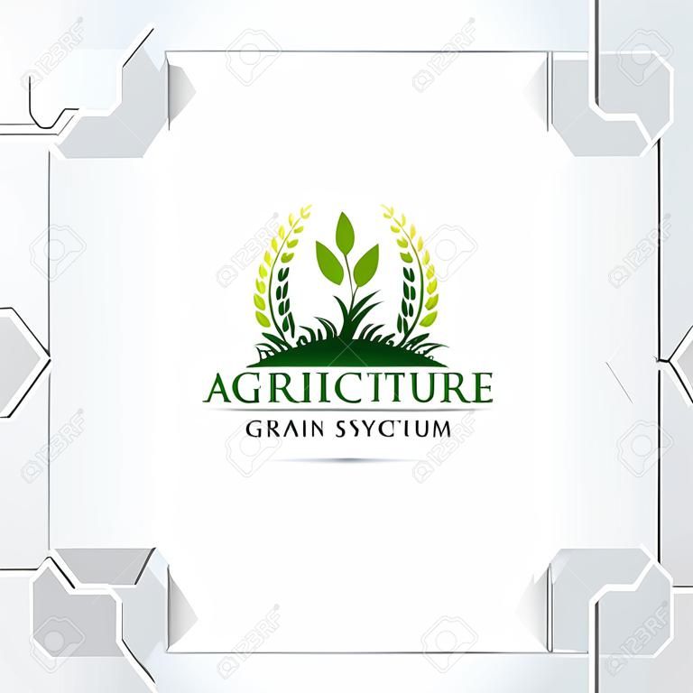 Création de logo d'agriculture avec concept d'icône de grain et vecteur de feuilles de plantes. Logo de la nature verte utilisé pour les systèmes agricoles, les agriculteurs et les produits de plantation.