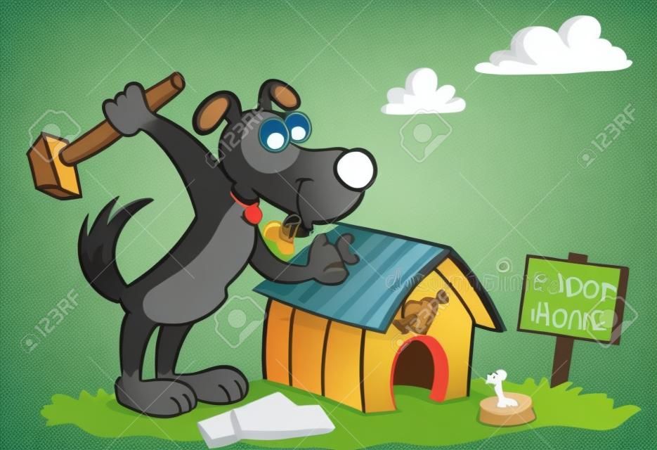 vector illustratie van een hond die zijn eigen huis bouwt