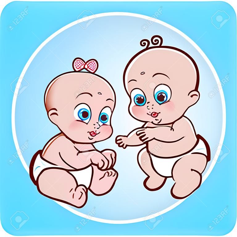 illustration of cute sitting baby girl and baby boy in diaper