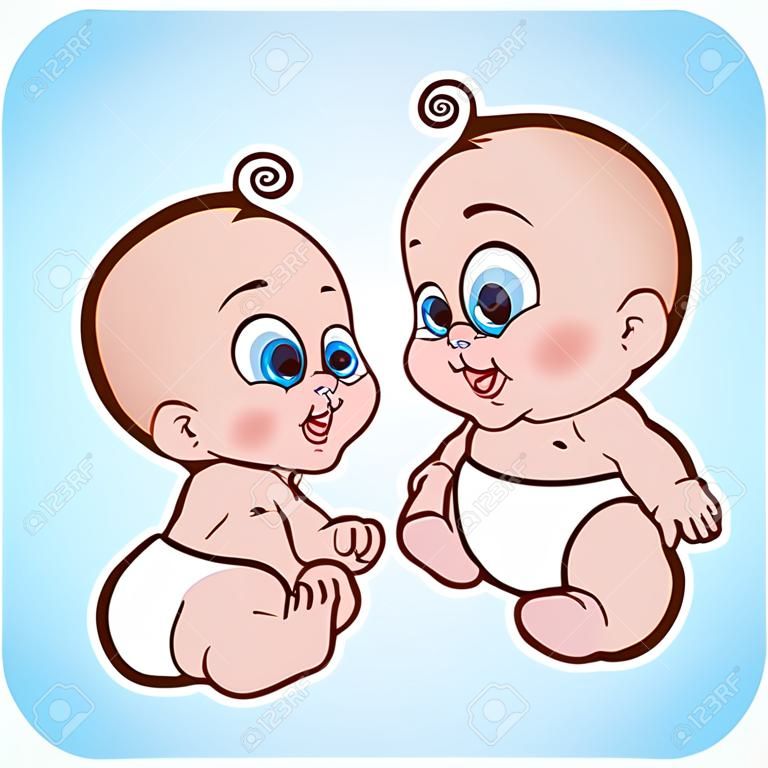 illustration of cute sitting baby girl and baby boy in diaper