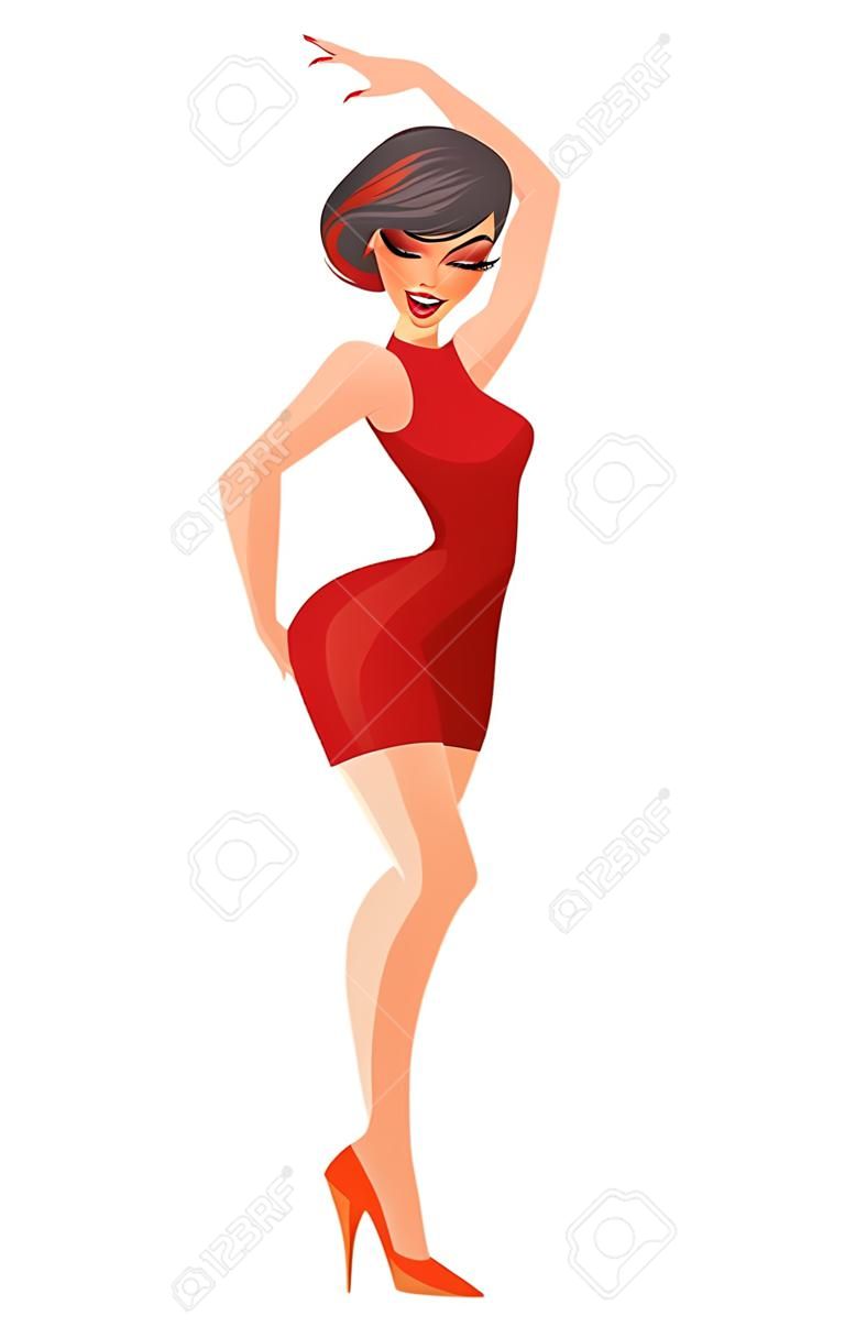 Schöne glamouröse junge Frau auf High Heels tanzen. Cartoon Vektor-Illustration isoliert auf weißem Hintergrund.