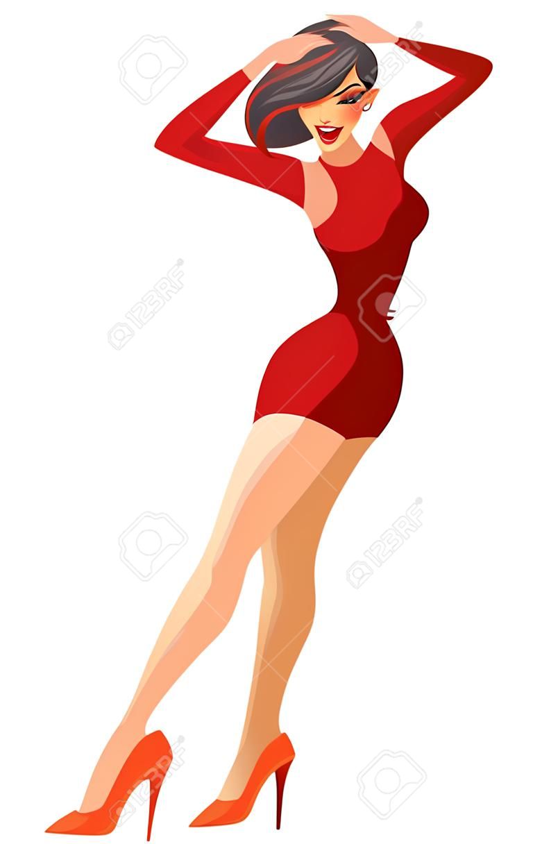 Schöne glamouröse junge Frau auf High Heels tanzen. Cartoon Vektor-Illustration isoliert auf weißem Hintergrund.