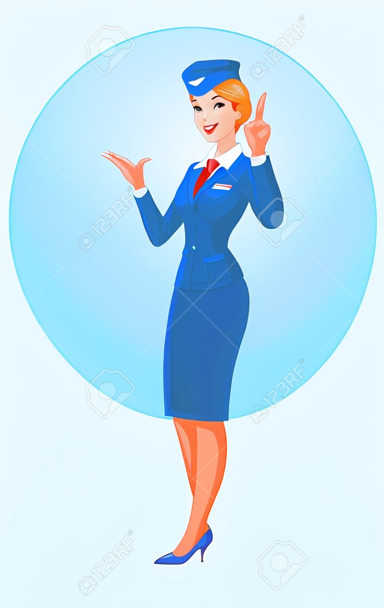azafata sonriente hermosa en la presentación uniforme y que muestra gesto de la muestra aceptable. ilustración vectorial de dibujos animados aislado en el fondo blanco.