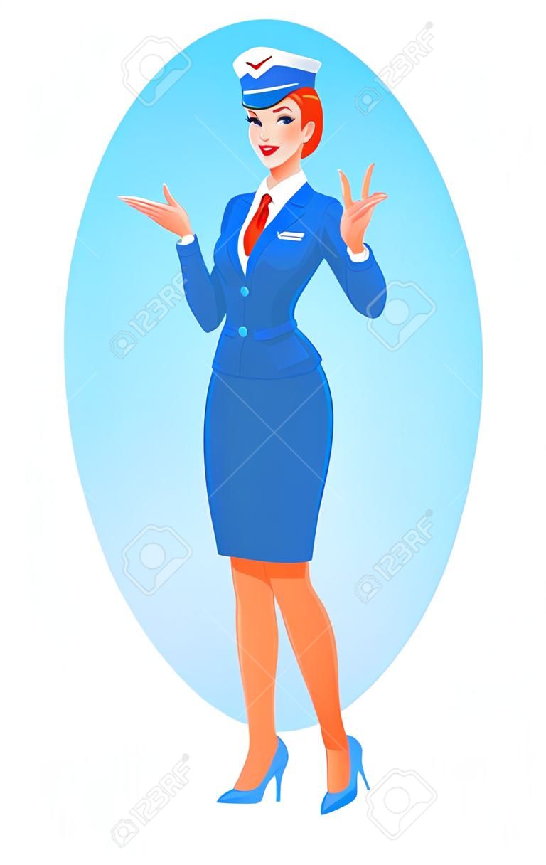 azafata sonriente hermosa en la presentación uniforme y que muestra gesto de la muestra aceptable. ilustración vectorial de dibujos animados aislado en el fondo blanco.