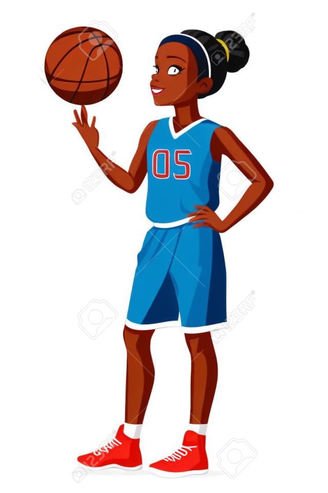 parmağına topu iplik Sevimli genç Afrikalı etnik genç basketbolcu kız. Karikatür vektör çizim beyaz zemin üzerine izole.