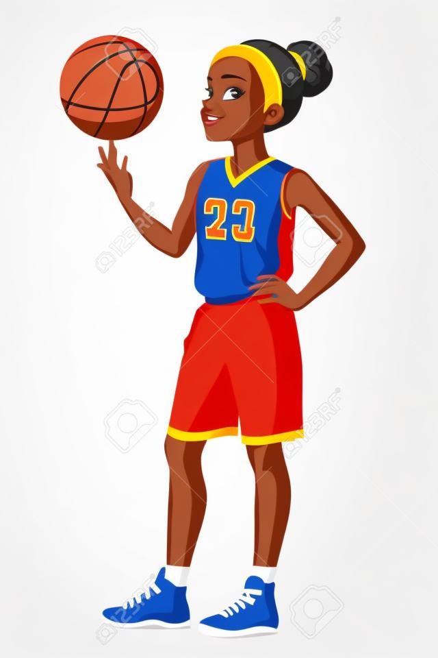 可愛的年輕的非洲族裔的年輕籃球運動員女孩旋轉球在她的手指。卡通矢量插圖隔絕在白色背景。