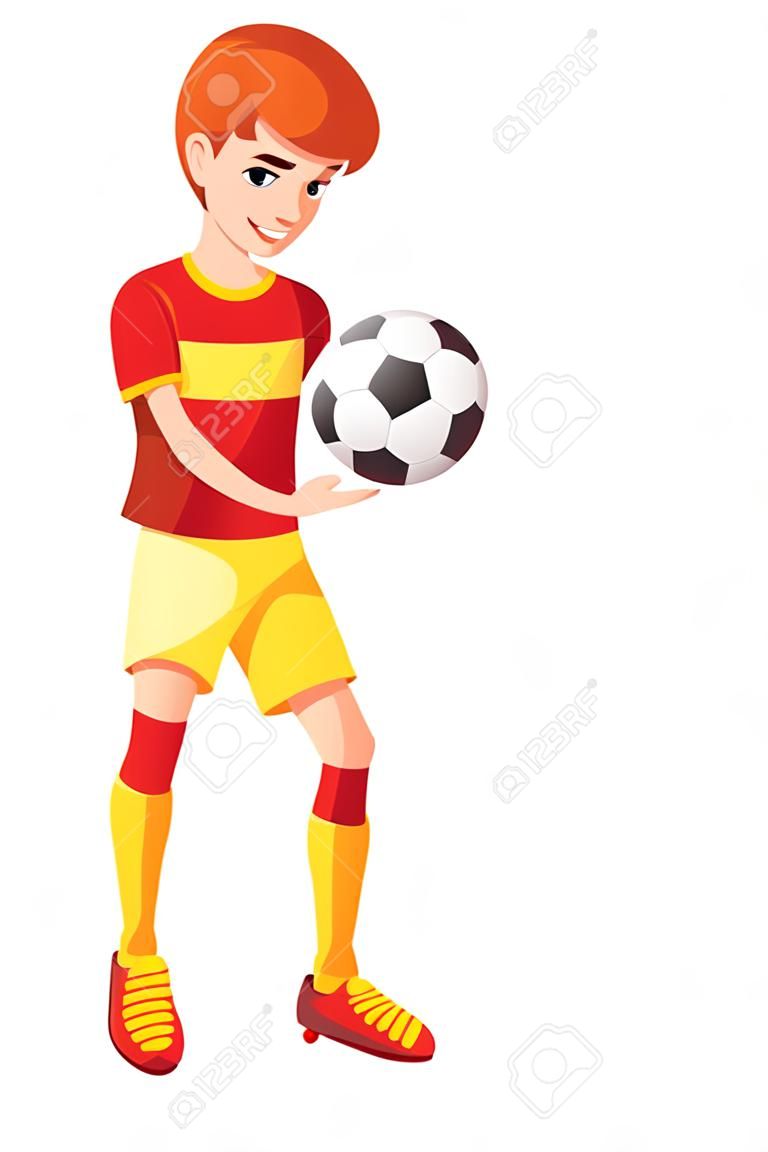 Jugador joven lindo del fútbol o del jugador de fútbol en uniforme rojo que hace juegos malabares con la bola. Ilustración vectorial de dibujos animados aislado sobre fondo blanco.