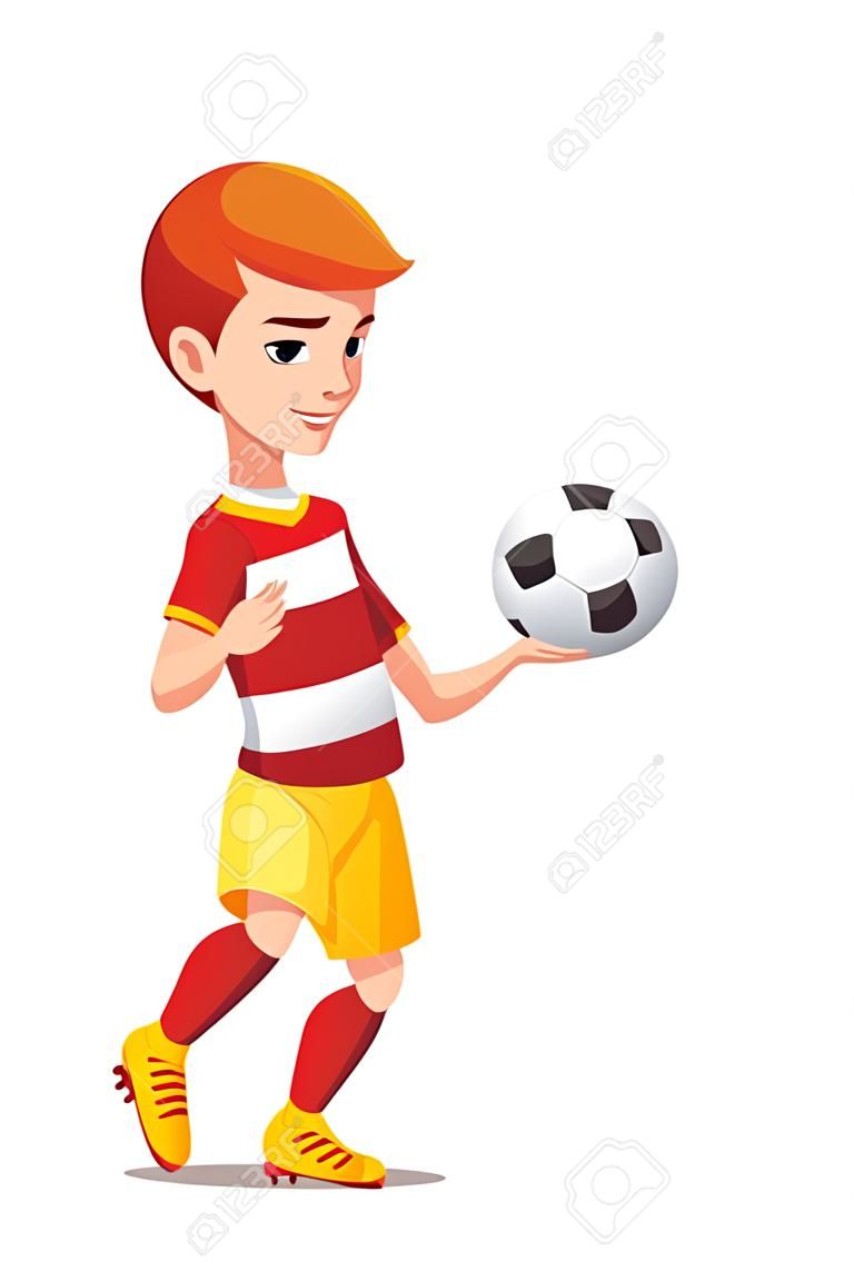 Cute młody piłkarz lub piłkarz chłopiec w czerwonym jednolite żonglerka z piłką. Cartoon ilustracji wektorowych samodzielnie na białym tle.