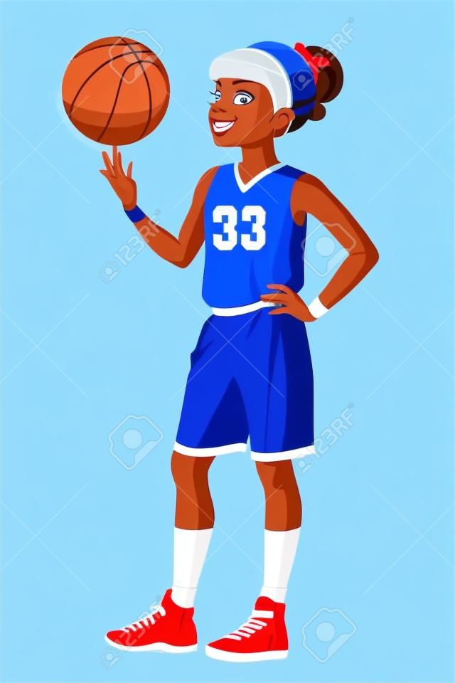 그녀의 손가락에 공을 회전하는 파란색 농구 제복을 입은 귀여운 젊은 선수 여자. 만화 벡터 문자 흰색 배경에 고립입니다.