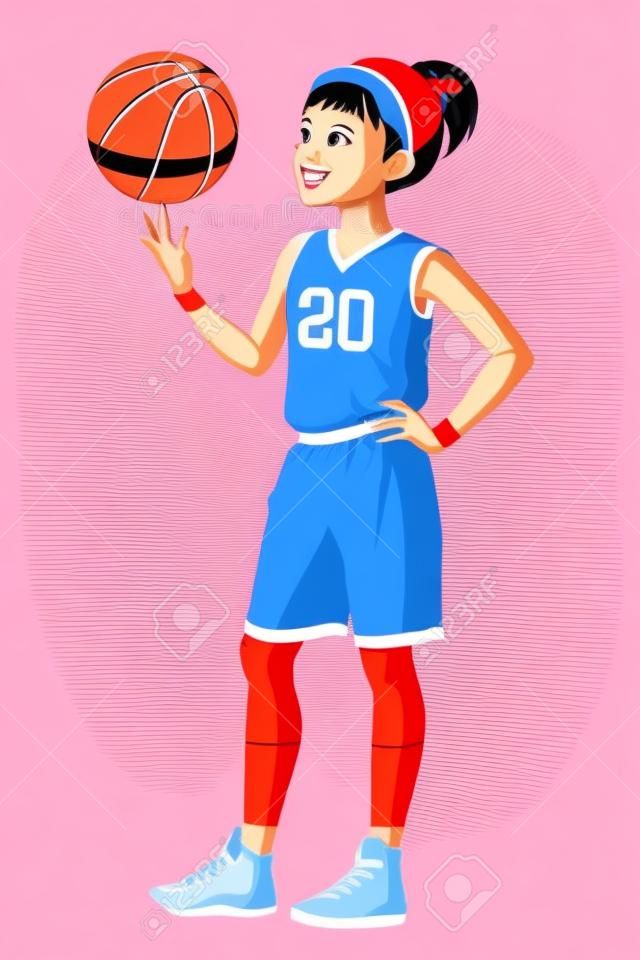 Cute młodych azjatyckie pochodzenie etniczne młody koszykarz dziewczynka w czerwonym mundurze przędzenia piłkę na palcu. Cartoon ilustracji wektorowych na białym tle.