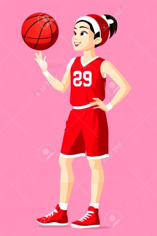 Menina de jogador de basquete jovem etnia asiática jovem bonito uniforme vermelho girando a bola no dedo. Ilustração em vetor desenhos animados isolada no fundo branco.