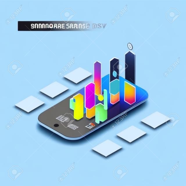 Smartphone mit Diagrammen im isometrischen Designstil auf farbigem Hintergrund. Grafisches Konzept für Ihr Design.