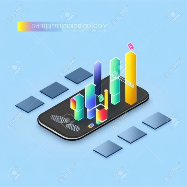 Smartphone mit Diagrammen im isometrischen Designstil auf farbigem Hintergrund. Grafisches Konzept für Ihr Design.