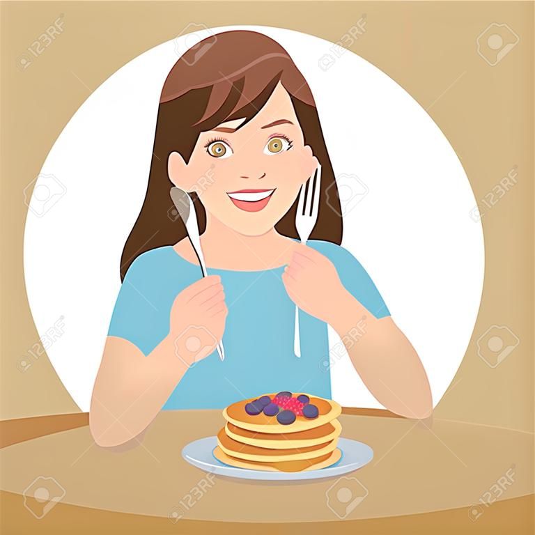 Mädchen, das Pfannkuchen-Illustrations-Vektor-Karikatur isst