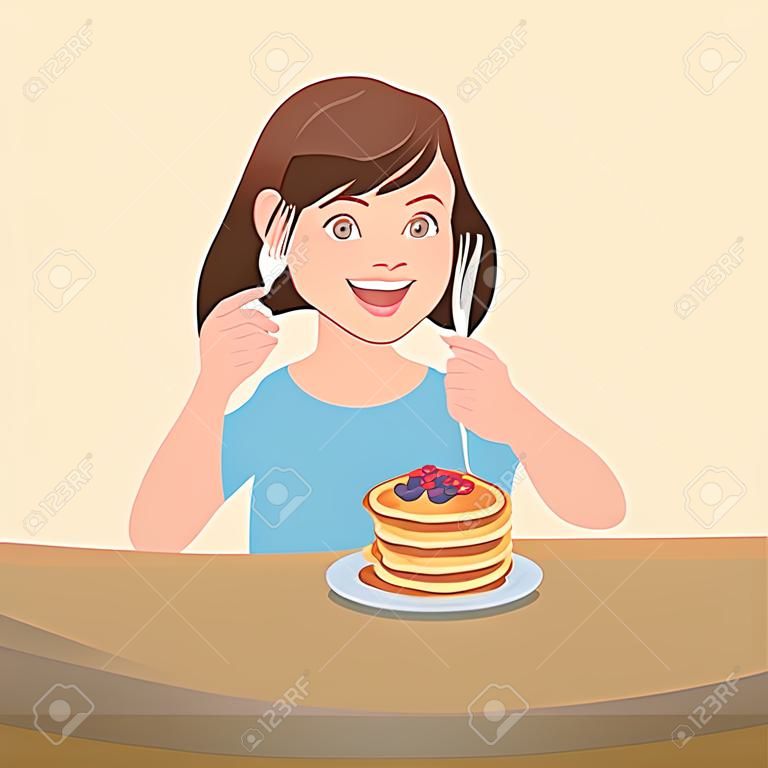 Girl Eating Pancake Illustration Vector Cartoon