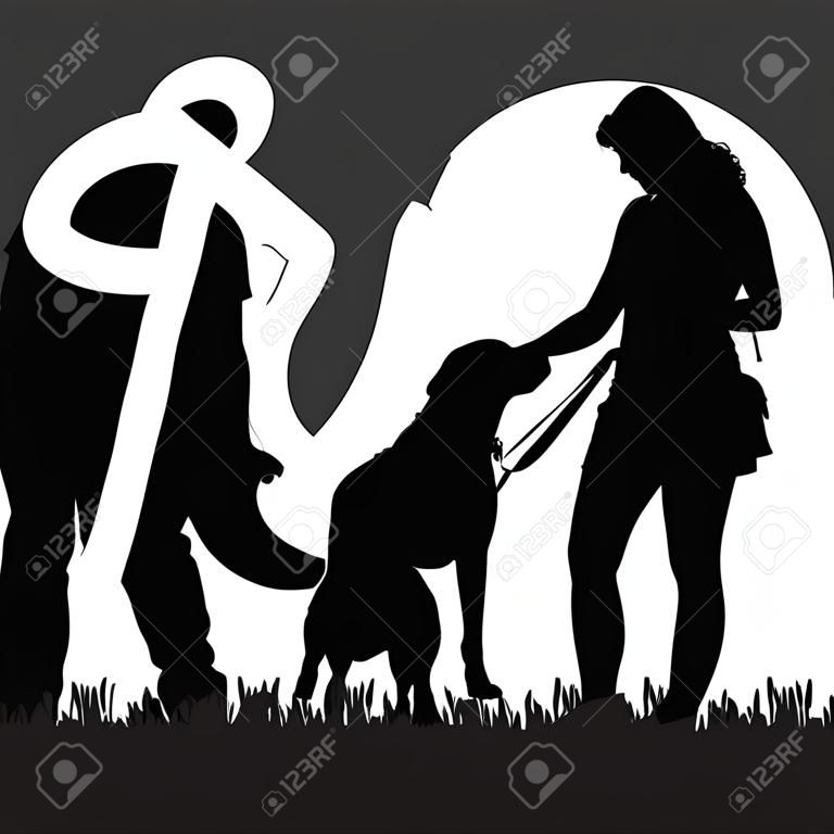 一個家庭的矢量剪影與狗散步。
