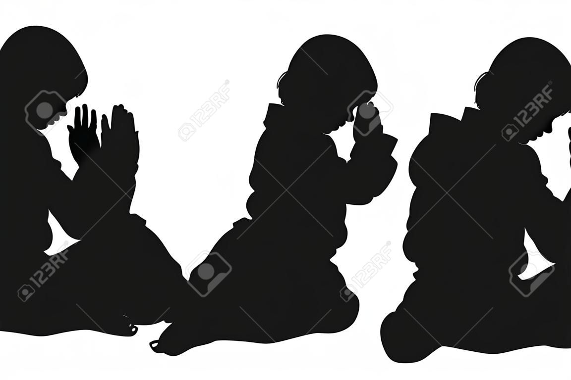 Vector silhouet van een kinderen die aan het bidden zijn.
